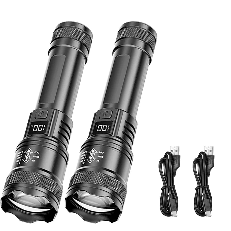 torche portable led rechargeable zoom télescopique batterie usb boîte moderne noire intense