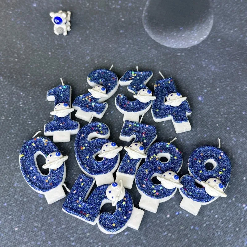 bougies numéraires bleu pailleté motif étoiles thème espace anniversaire mariage fiançailles tringle