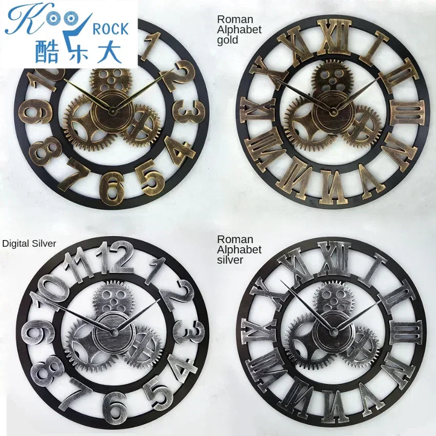 Horloge murale industrielle vintage avec chiffres romains 3D en or et argent
