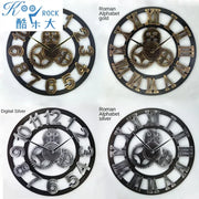 Horloge murale industrielle vintage avec chiffres romains 3D, style rétro or et argent pour salon