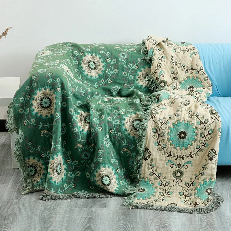 couverture coton jacquard fleur complexe vert beige marron rose traditionnelle hiver été canapé lit