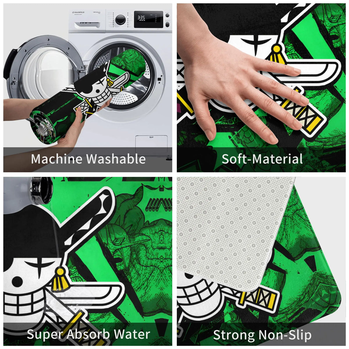 tapis sol antidérapant one piece zoro épées croisées moderne vert noir blanc