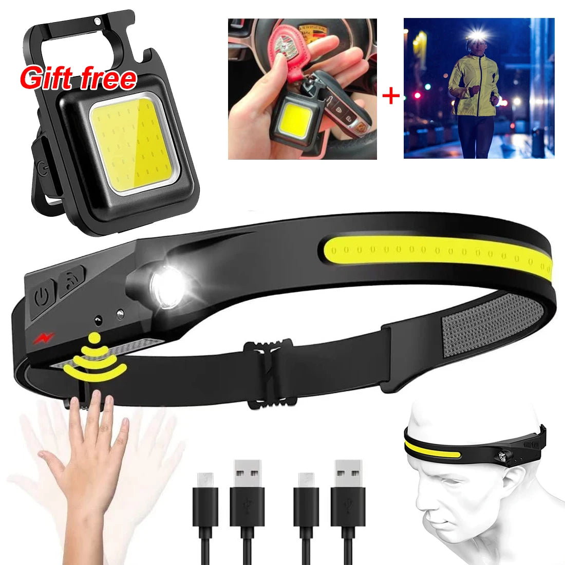 lampe frontale rechargeable led silicone élastique nuit camping pêche travail recherchesModesUSBrechargebatterieintegraporteautoinductive