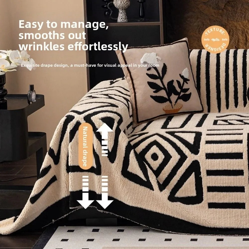 couverture canapé moderne gris foncé beige motif géométrique triangles élégante extérieure intérieure