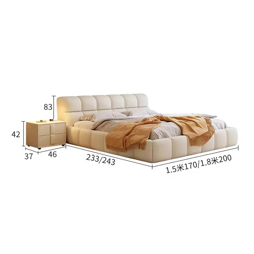 lit moderne minimaliste bois simili cuir beige clair rangement 180x200cm