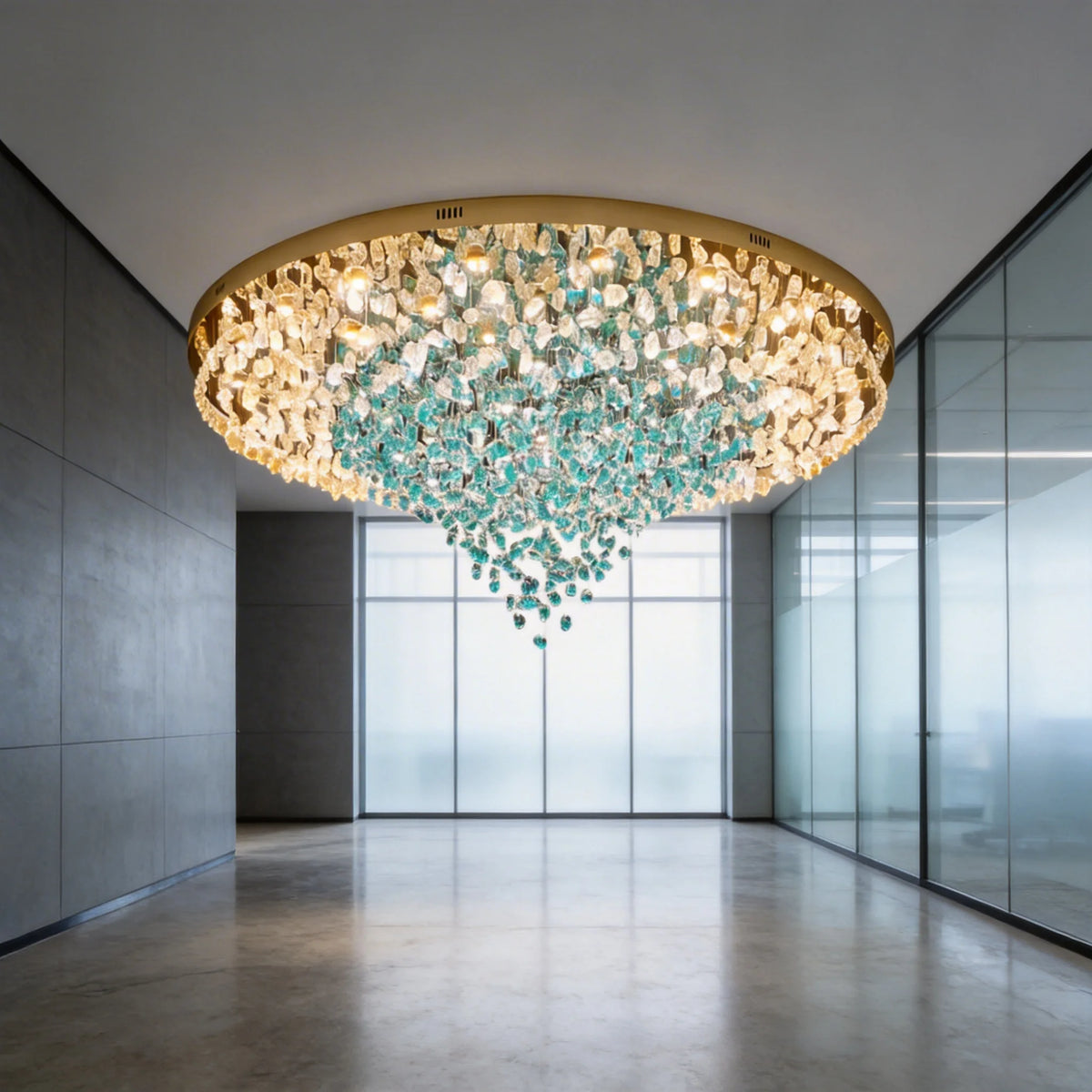 suspension lumineuse moderne élégante cascades transparentes bleu clair noir large salle chambre