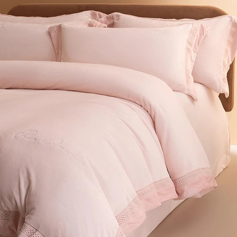ensemble literie flanelle beige motif brodé simple housses couette taies d'oreiller drap plat classique