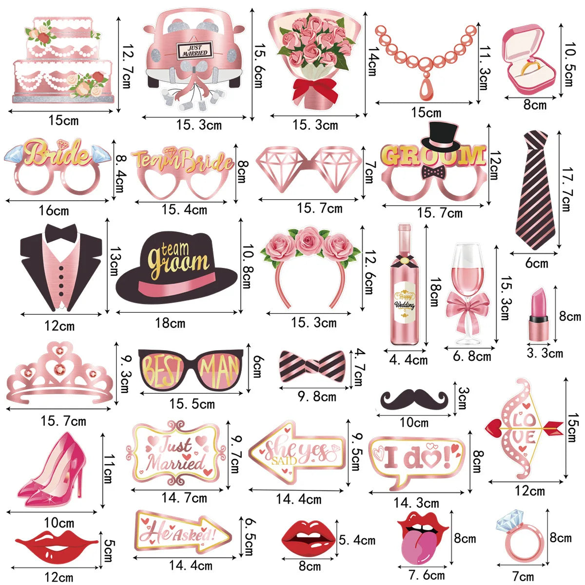 accessoires photo mariage carton bâtonnets alliances robes mariée costumes chapeaux lunettes coeurs champagne gâteaux