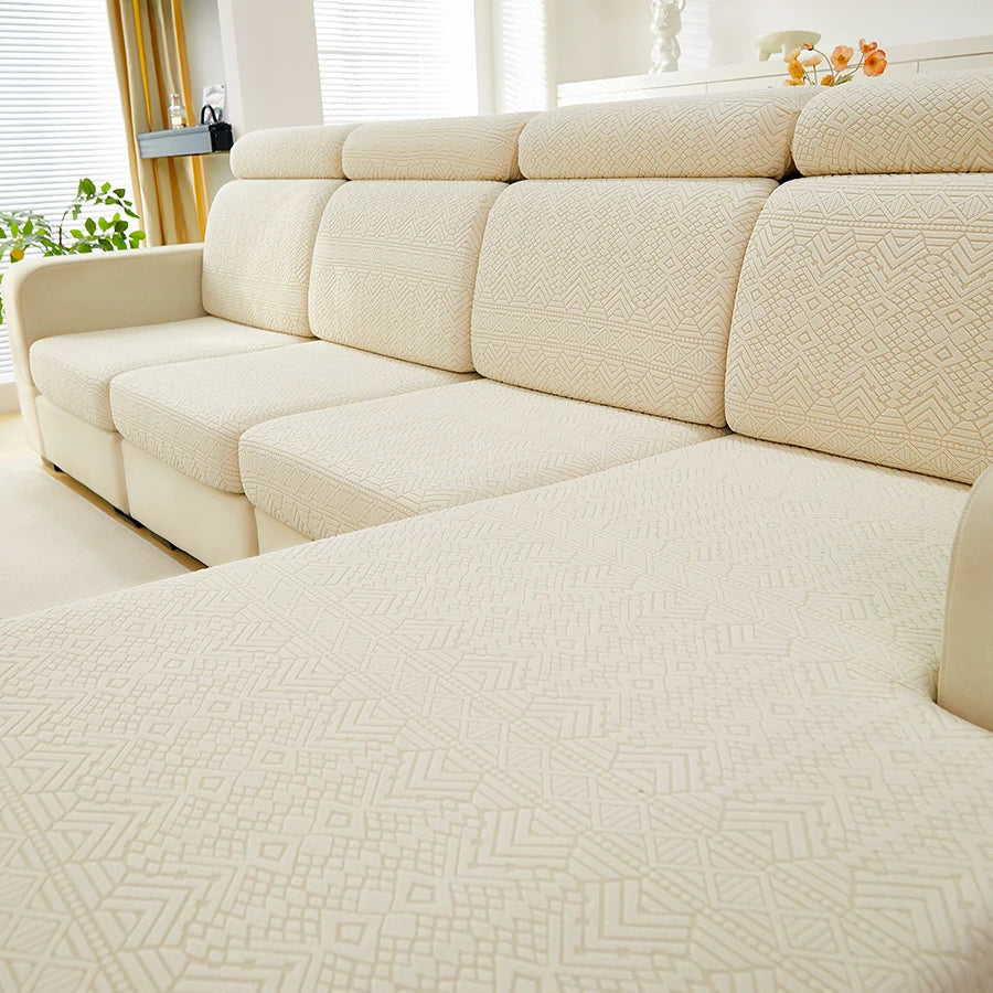 housse canapé beige clair motif géométrique relief moderne salon ruban adhésif