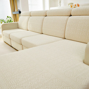 housse canapé beige clair motif géométrique relief moderne salon ruban adhésif