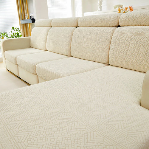 housse canapé beige clair motif géométrique relief moderne salon ruban adhésif