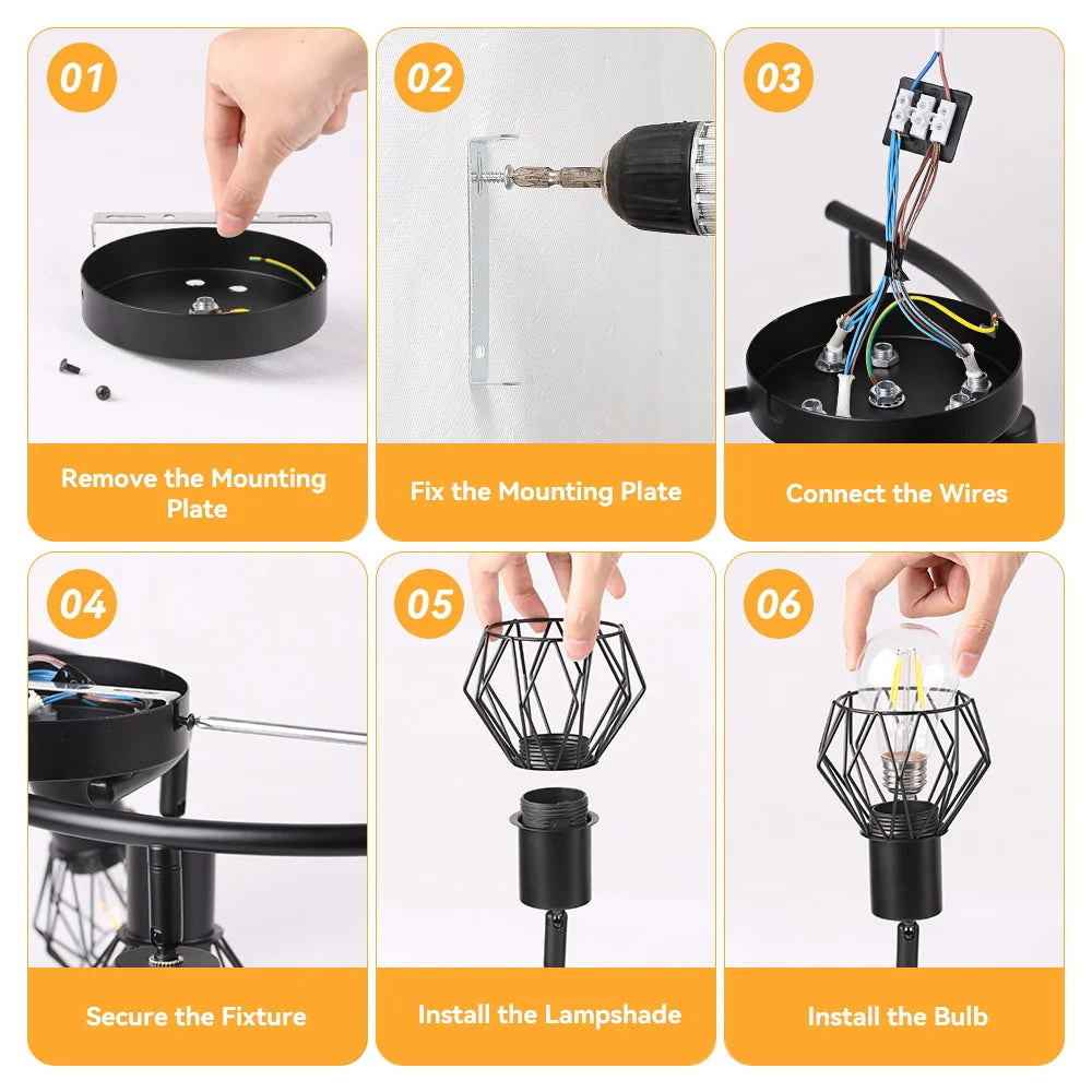 lampe suspendue moderne cage métallique noire interrupteur poussoir led e27 haute basse