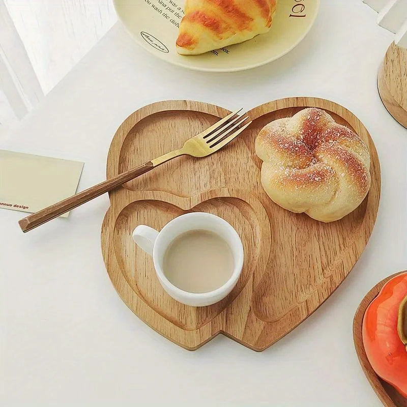 assiette bois naturel double coeur moderne minimaliste servir desserts collations