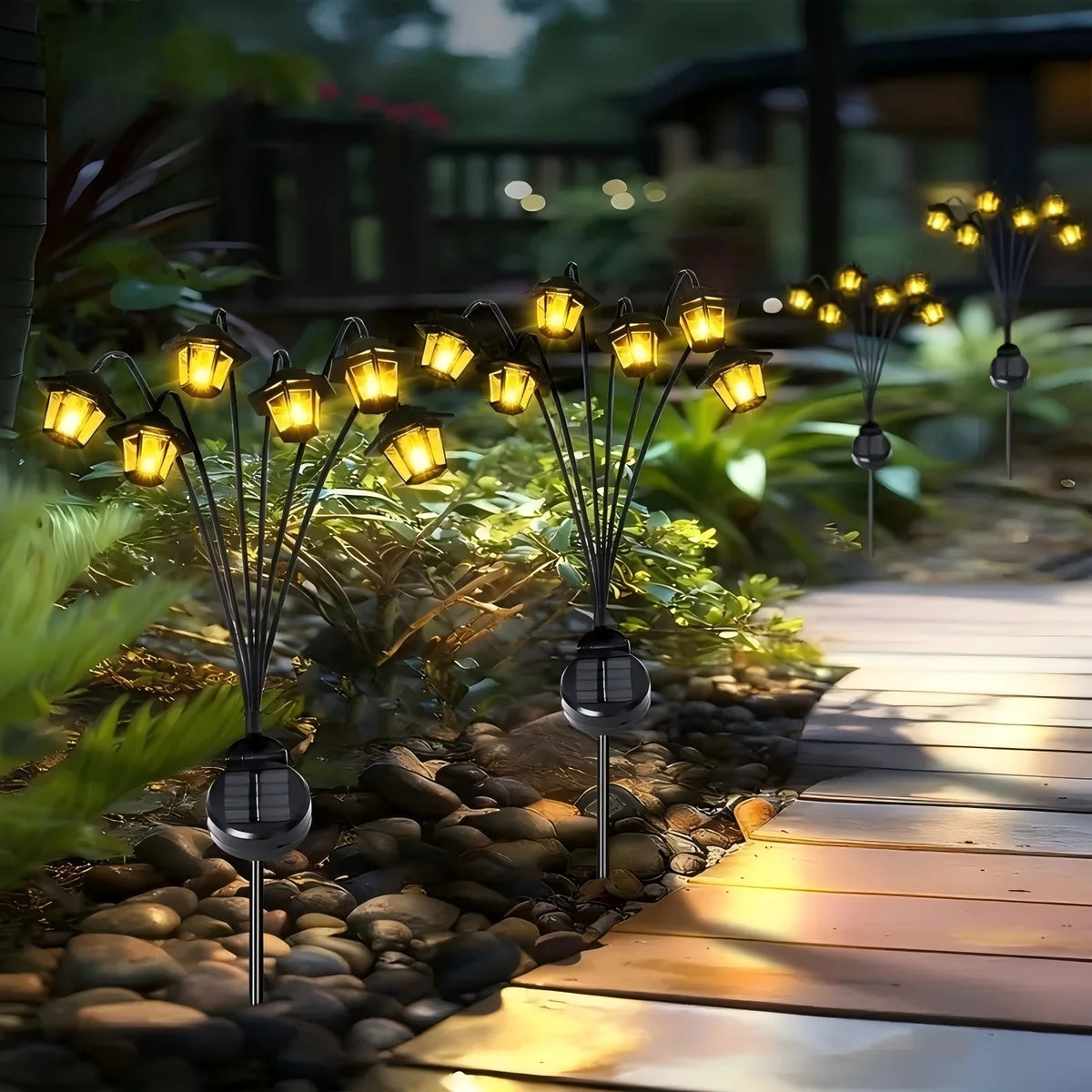 lampe solaire jardin floral moderne noire autoallumage extinctions ensoleilée patio ornement piquet panneau solaire