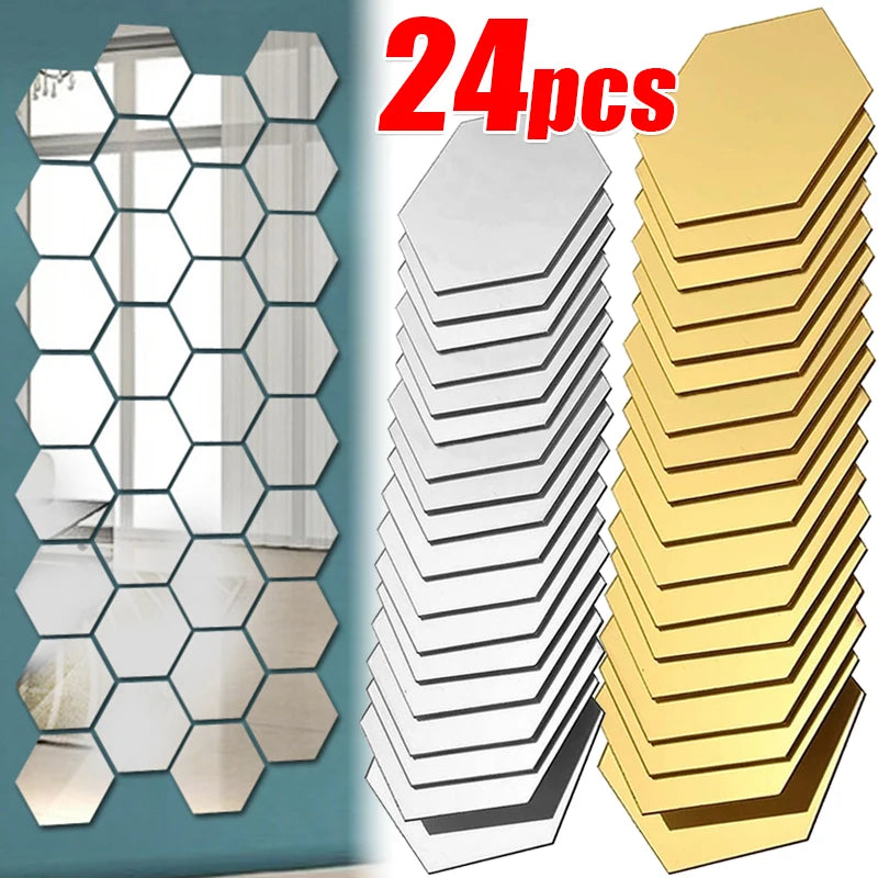miroir hexagonal acrylique adhésif mural décoratif mosaïque brillant argenté doré gris clair moderne