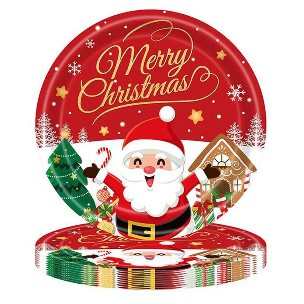 vaisselle noël 24 pièces assiettes fourchettes couteaux serviettes père noël motifs traditionnels rouge blanc
