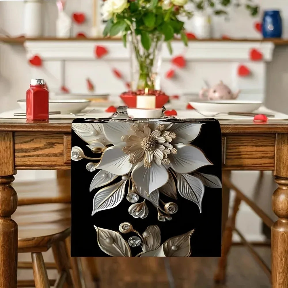 chemin table moderne fleurs stylisées noir blanc beige résistant antiscald