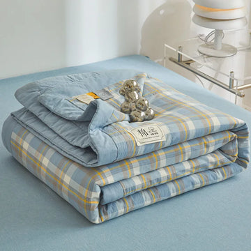 couvre lit coton matelassé carreaux bleu jaune blanc lit double chambre moderne été