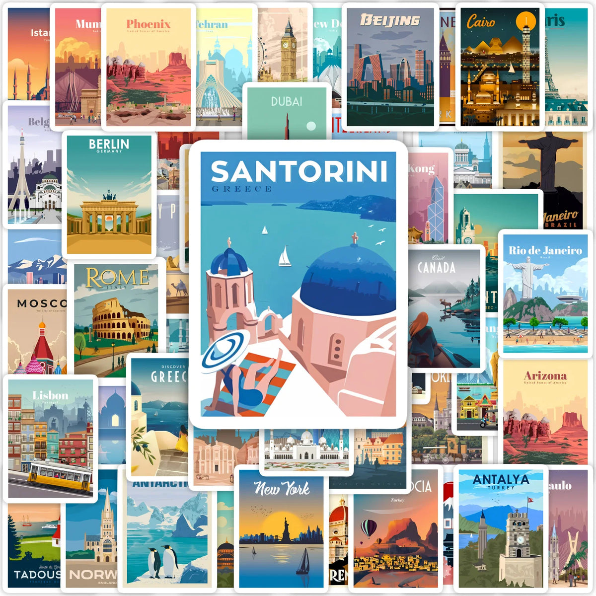 stickers autocollants stickers urbains paysages vintage tons pastel adhésifs illustrations naturelles opaques set voyage