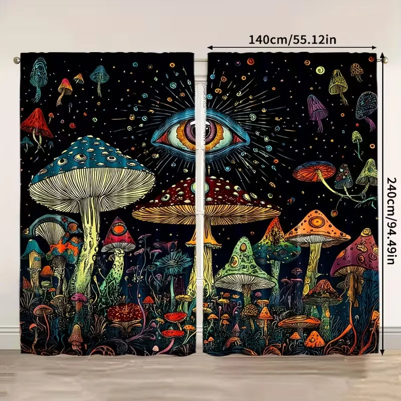 rideau imprimé champignons oeil fantaisie moderne noir bleu vert orange rouge jaune blanc opacité