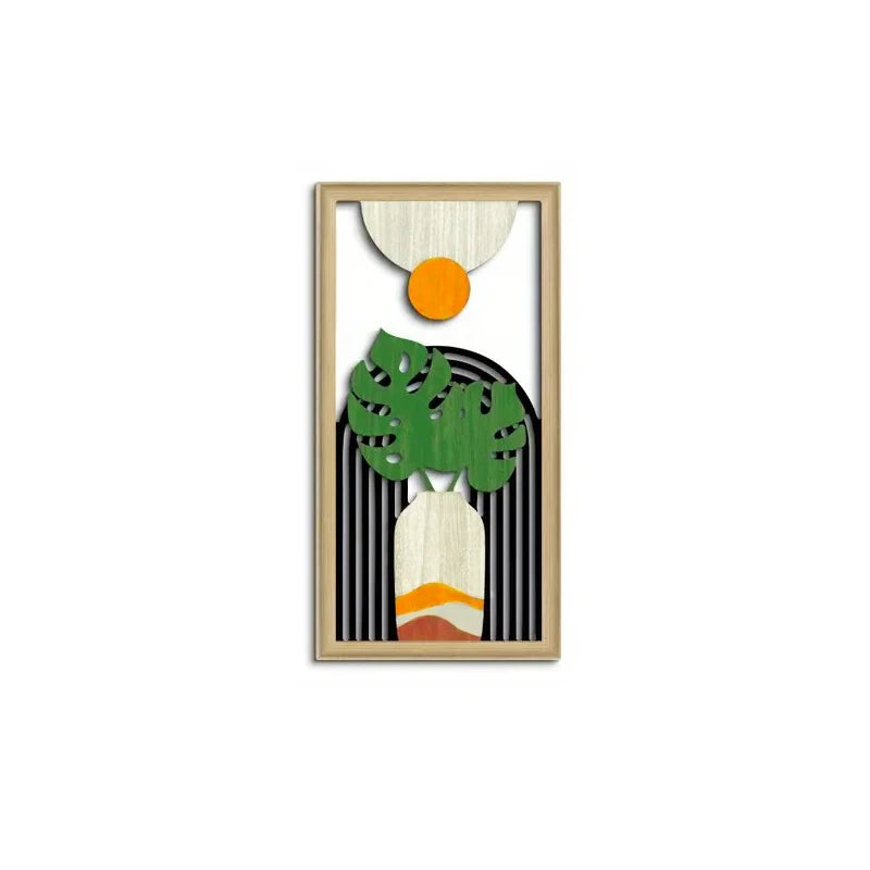 tableaux abstraits modernes bois noir blanc vert feuilles demi lunes dorées minimaliste