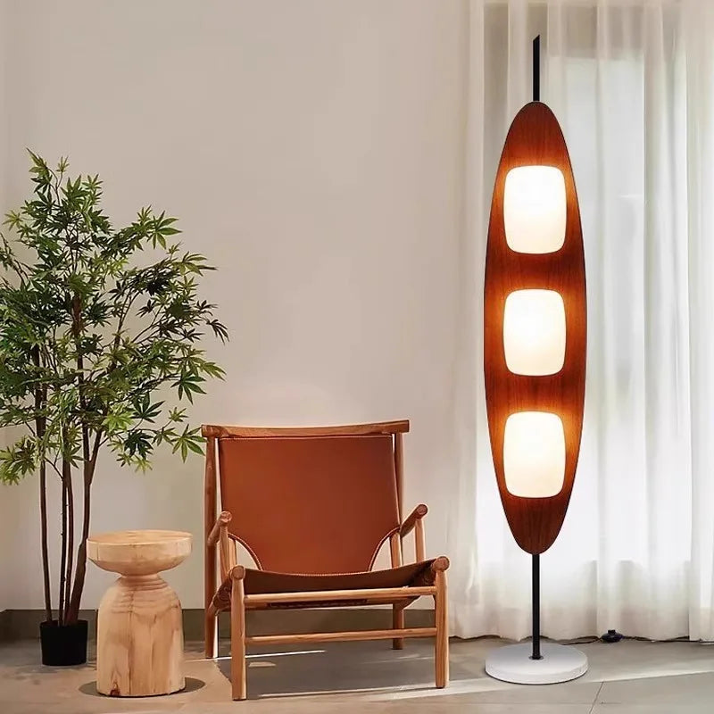 lampe sol marron clair contemporaine interrupteur bouton lumière led base circulaire étude salon