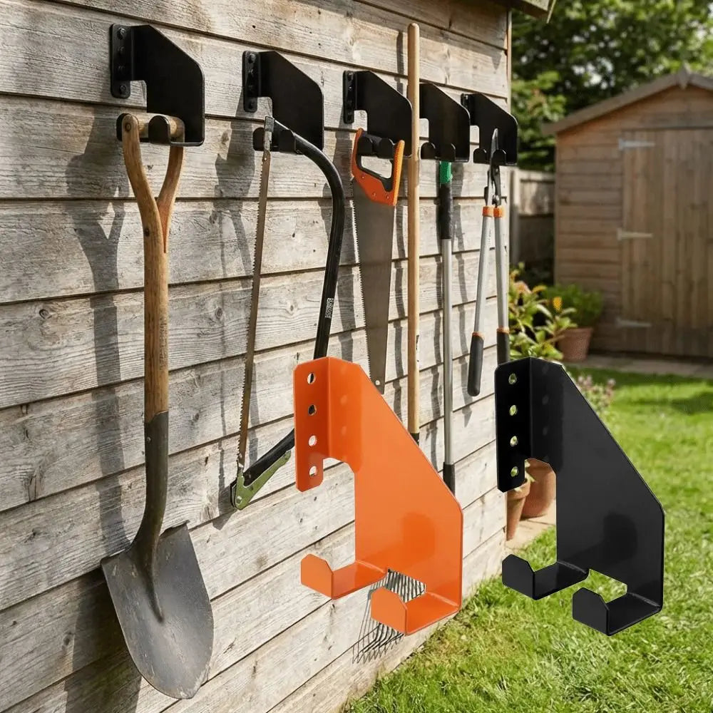 support murale robuste outil jardin noir orange métal peint utilitaire multiple