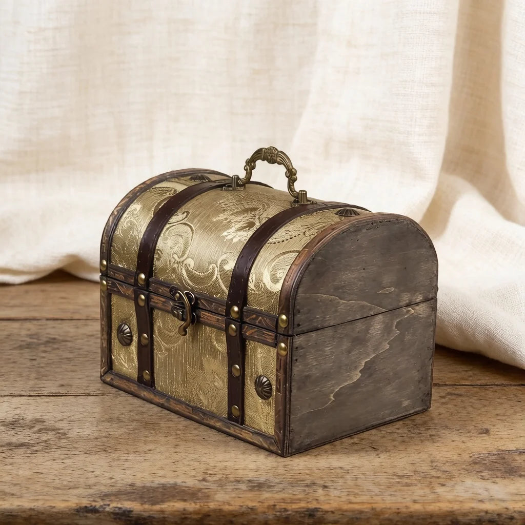 coffre bijoux vintage bois ornements floraux poignée métallique cadenas réutilisable marron beige