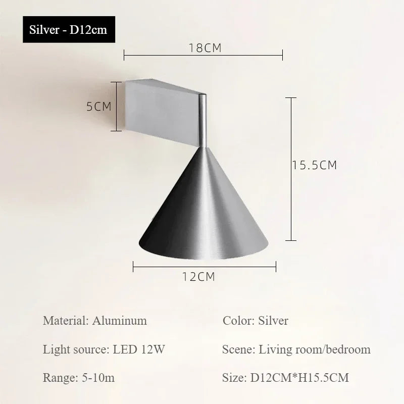 applique murale moderne aluminium argent noir conique lisse éclairage quotidien 3000K LED fixée mur