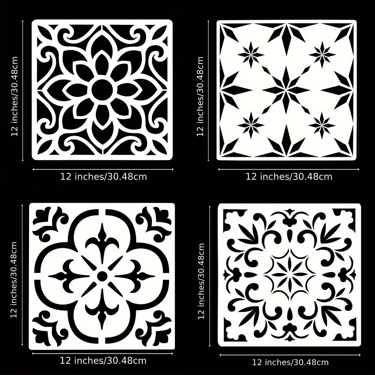 pochoirs carreaux décoratifs noir blanc floral géométrique opaques adhésifs 12 pouces mandala réutilisables mur