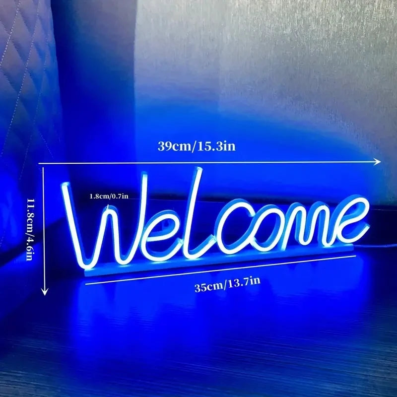 enseigne lumineuse welcome néon blanc rose bleu lettres stylisées boîte charge usb cable charge