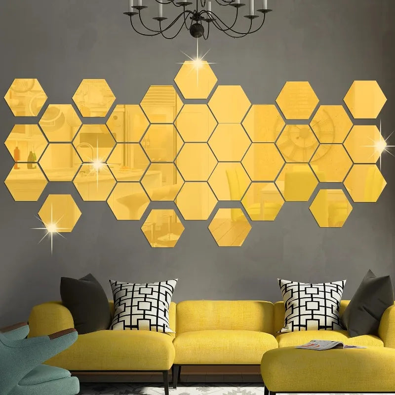 miroirs hexagonaux dorés modernes adhésifs 36 pièces brillants réfléchissants opaque chambre salon
