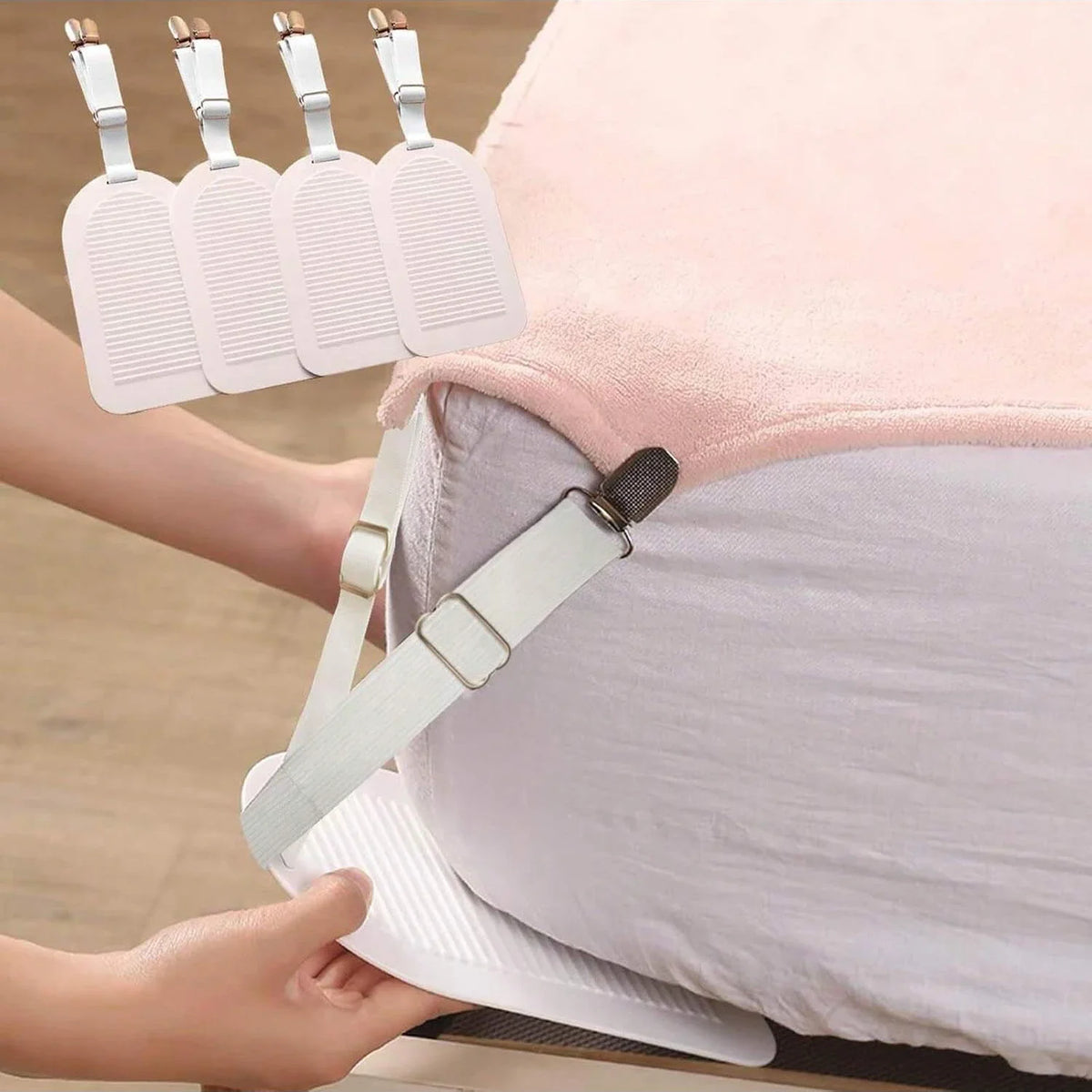 attaches draps réglables sangles élastiques clips métalliques modernes literie rose blanc gris argenté minimaliste