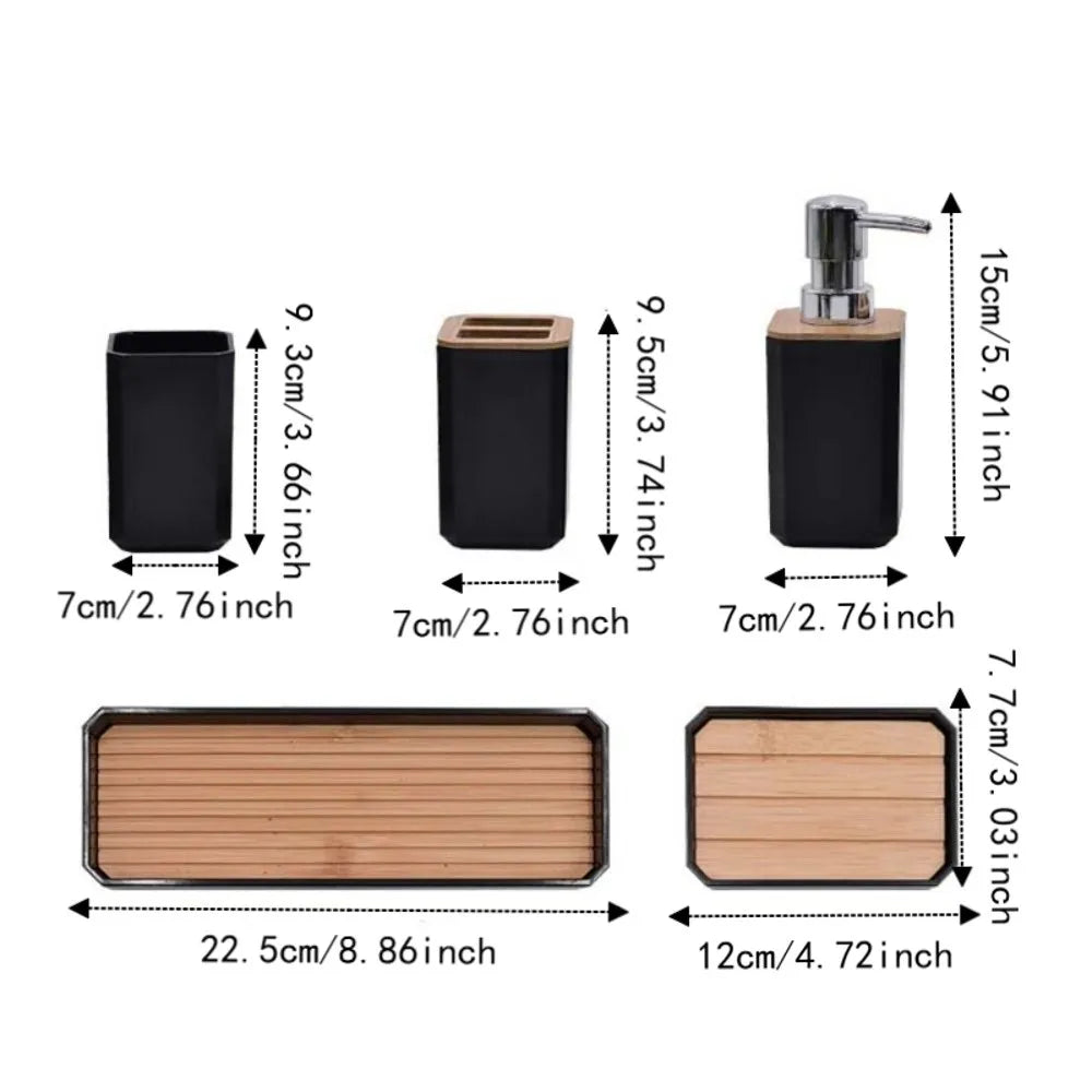 ensemble salle bain moderne porte brosse dents porte gobelet distributeur savon plateau bambou noir