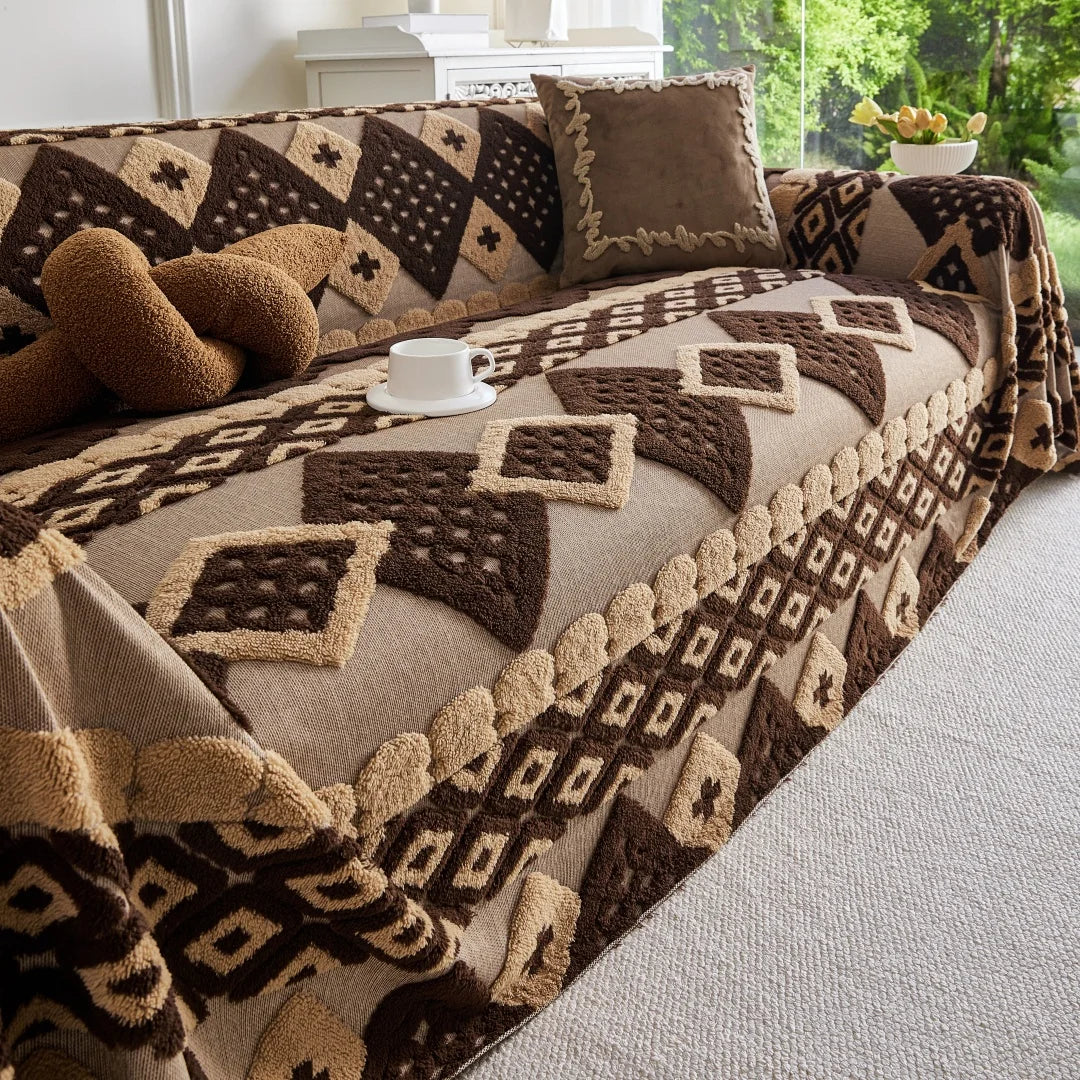 couverture canapé jacquard géométrique beige marron opacité douce lavable fauteuil inclinable futon modular trois