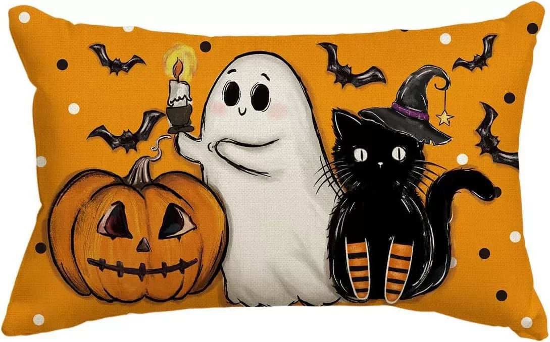 housses d'oreiller fantômes imprimées décoration halloween noires blanches adhésives maison hospitalières