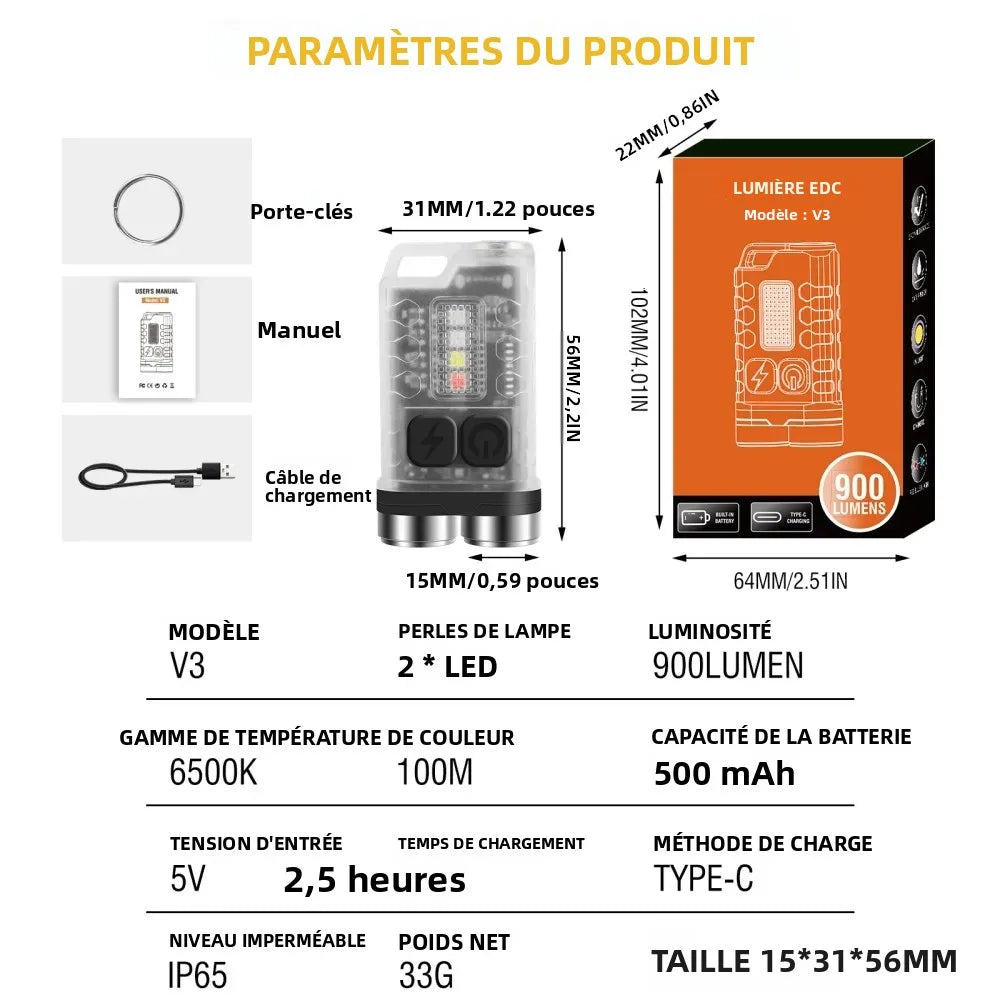 lampe poche rechargeable led porte cle usb type aimant étanche 900 lumens verte