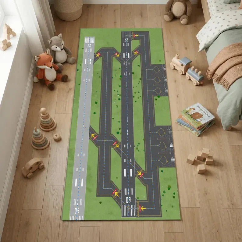 tapis vert gris moderne route marquages voitures salon chambre decoratif aubusson polypropylene polyester