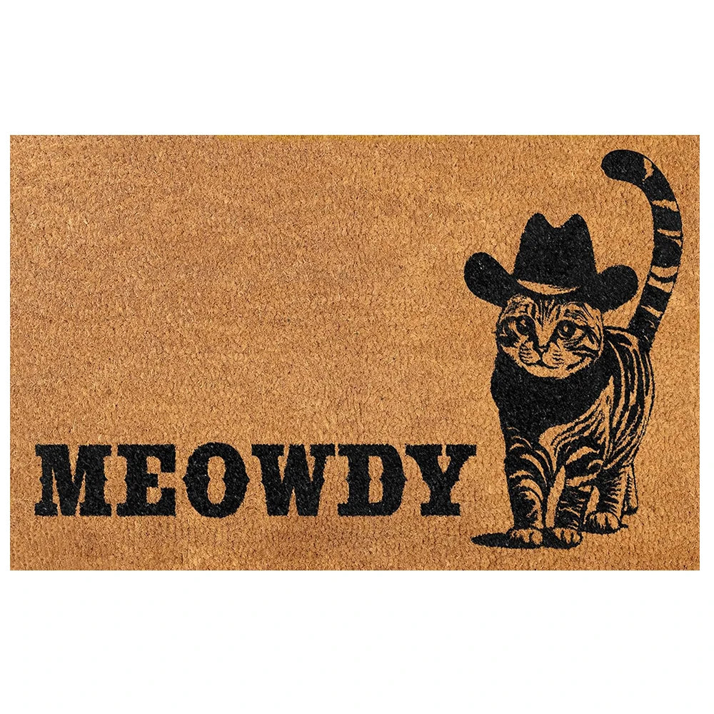 tapis d'entrée marron clair imprimé chat chapeau meowdy antidérapant résistant bactéries porte extérieur