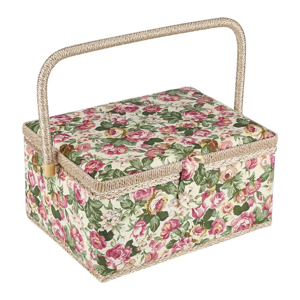 boîte couture vintage fleurs roses vertes miroir poignée osier compartiments outils couture beige