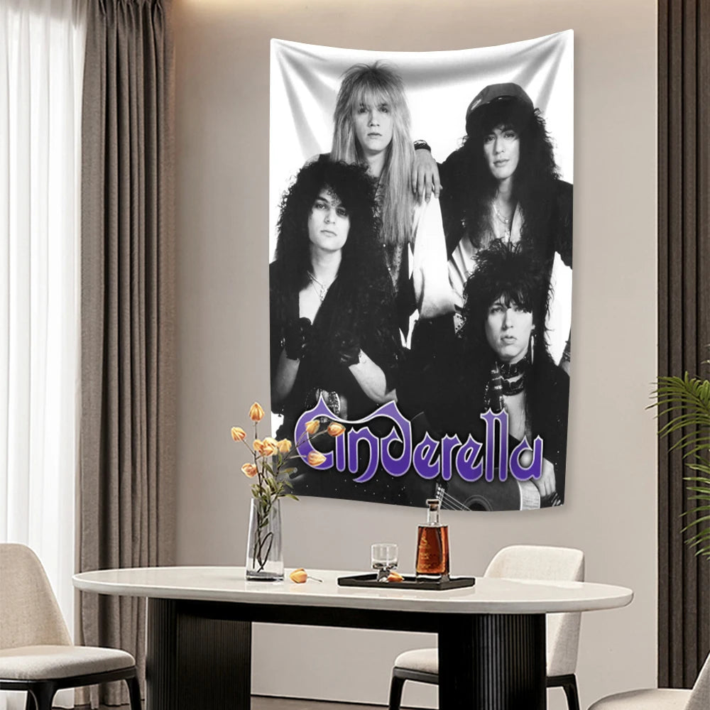 tapisserie vintage rock groupe musical Cinderella Nobody's Fool 1986 chambre noir blanc bleu rouge