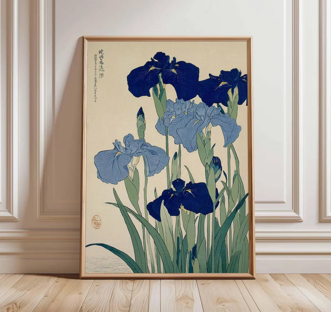 affiche art japonais iris bleu fleurs paysage horizontal cadre bois