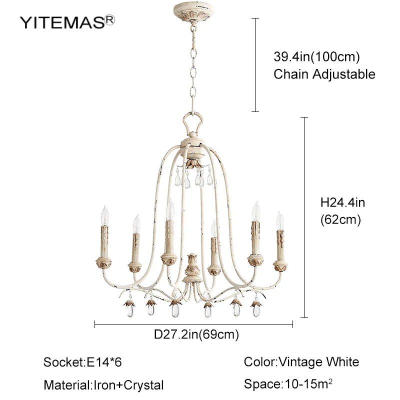 lustre blanc vieilli cristal vintage classique six lumières ornements métal chain adjustable