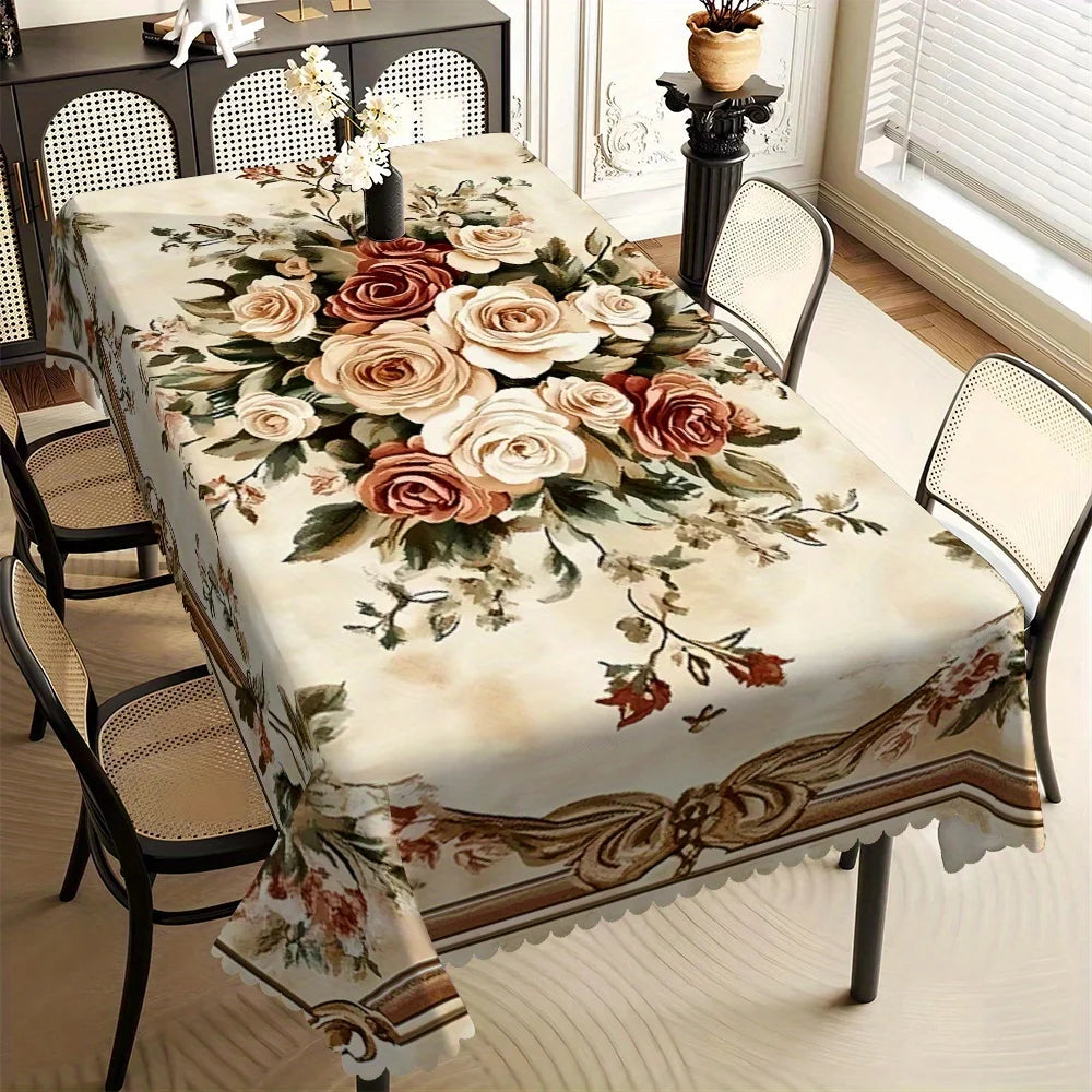 nappe table fleurs roses feuilles dorées classique imperméable machine réutilisable beige marron rouge vert