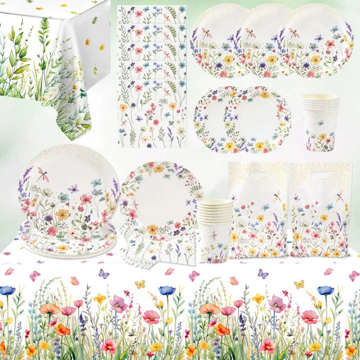 serviettes festives fleurs colorées assiettes verres nappe anniversaire décoration table pâques Blanc multicolore