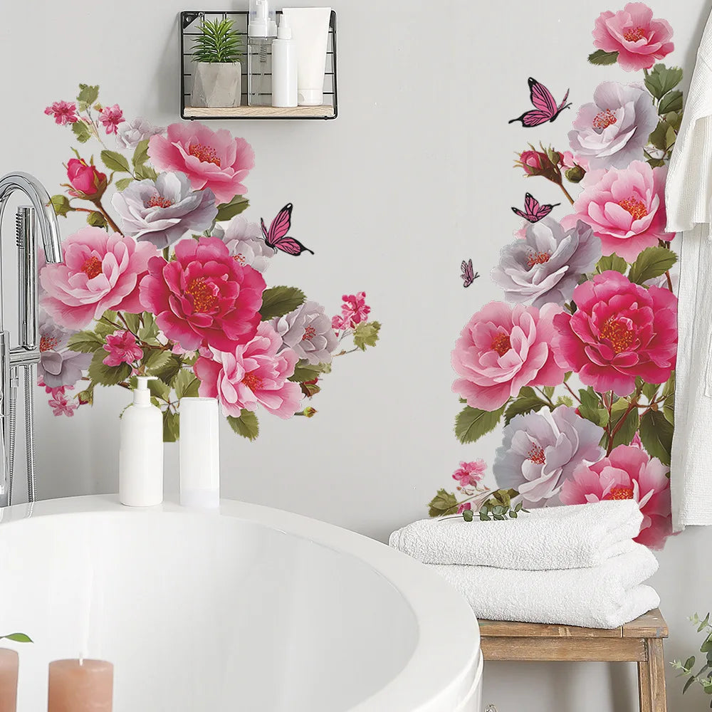 autocollants muraux fleurs pivoine papillons decoration murale rose blanc vert floral