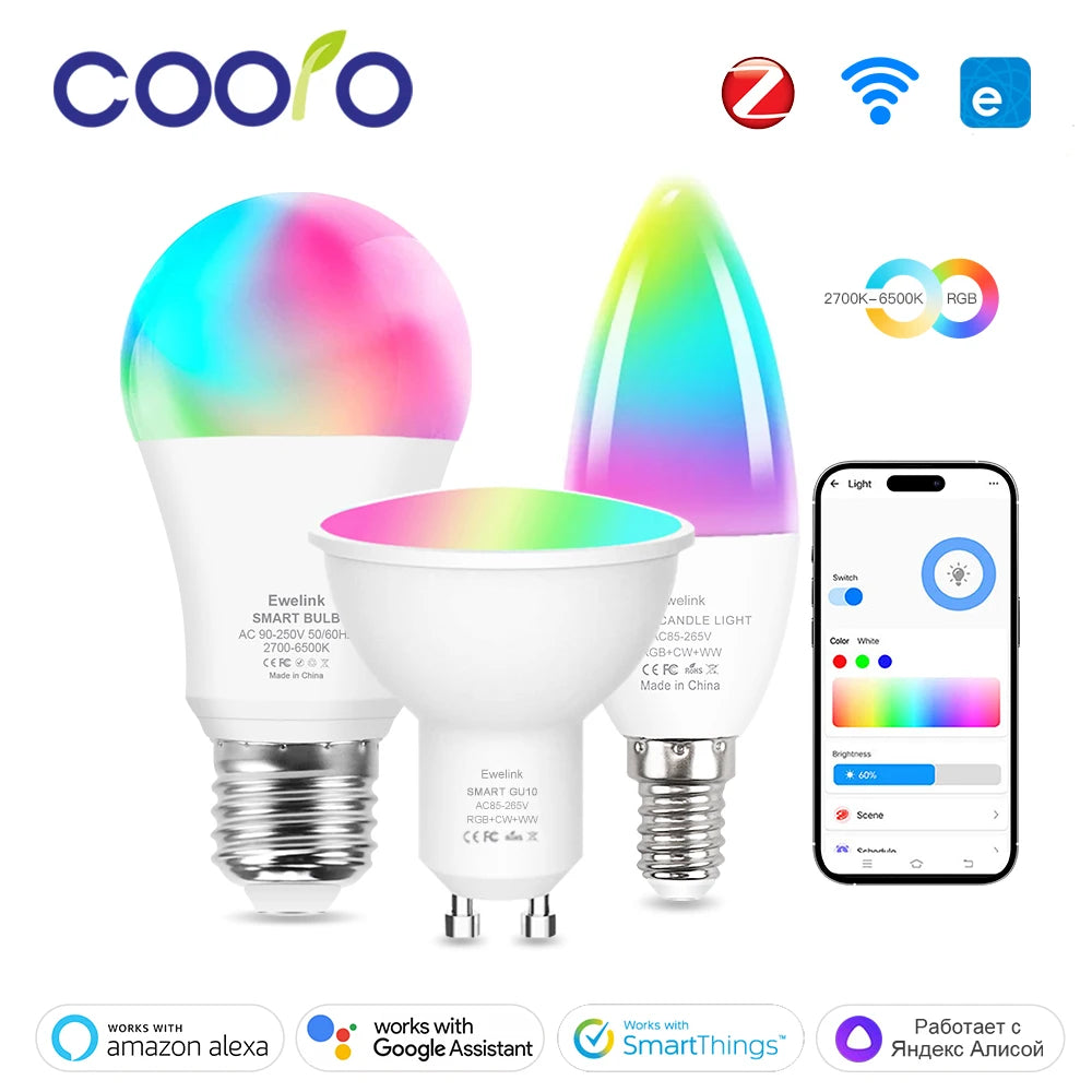 ampoules led intelligentes wifi zigbee e27 e14 gu10 rgbcw 2700 6500k blanc multicolore transparent