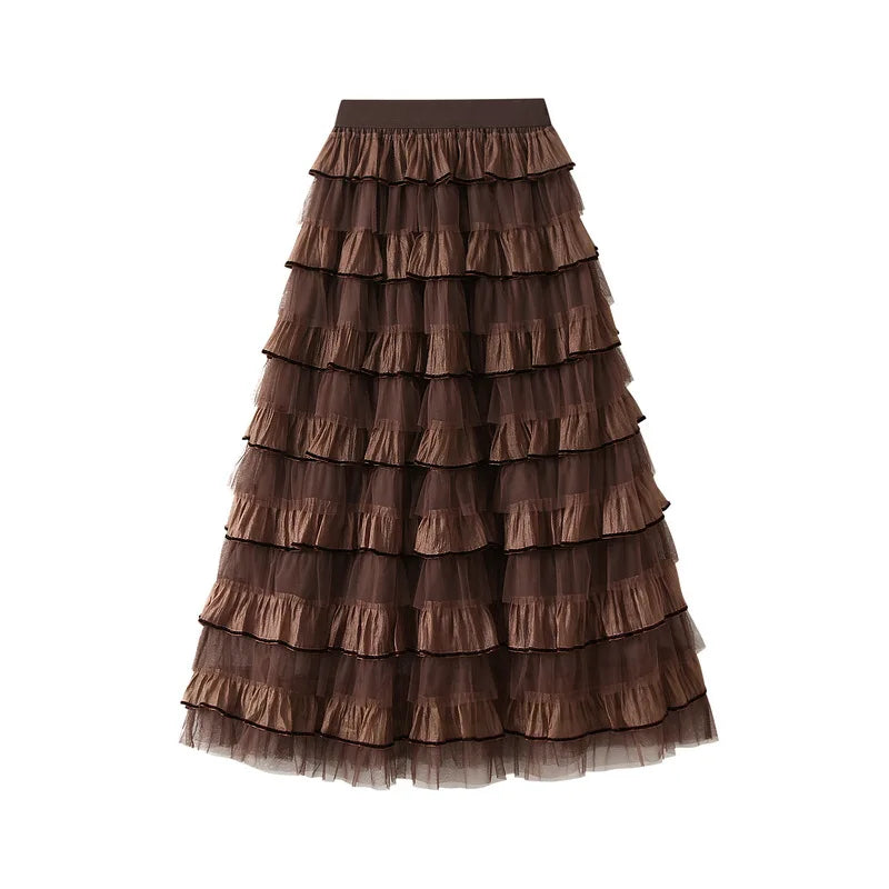 jupe mi mollet polyester vintage rayures horizontales romantique beige clair rose pâle gris marron