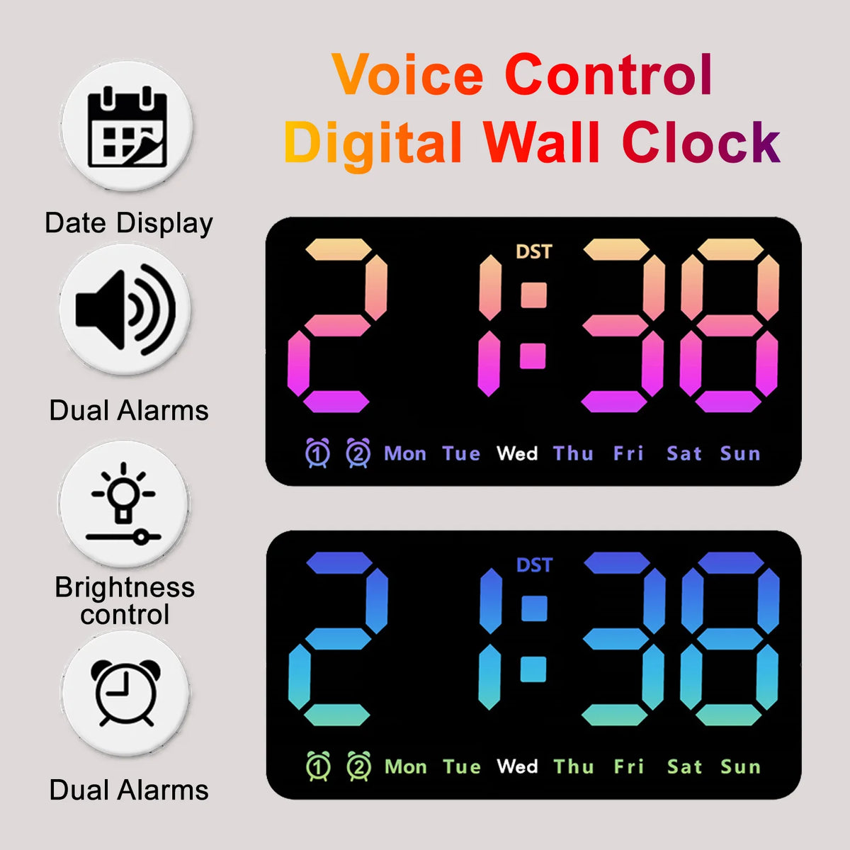 horloge murale numérique réveil double alarme calendrier led moderne noire blanche rose bleu verte