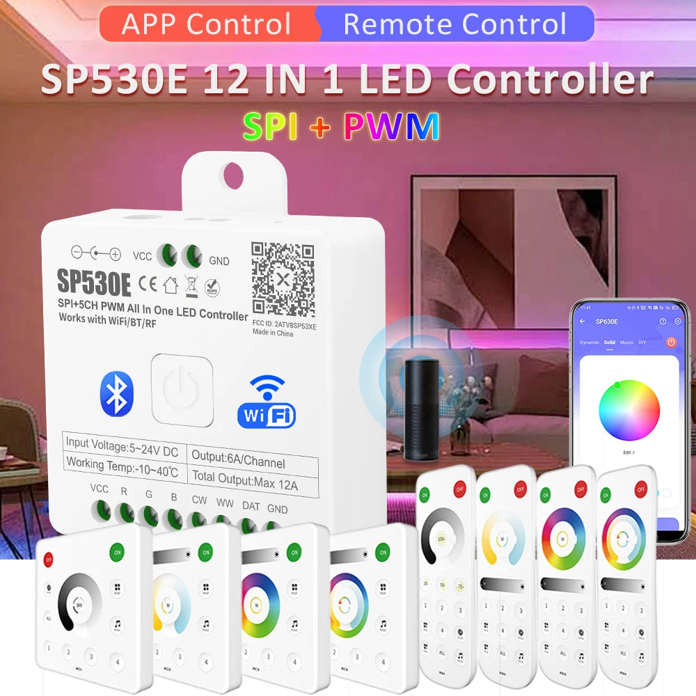 contrôleur led wifi bluetooth 5v 24v 5ch rgb ws2812 alexa google app remote control